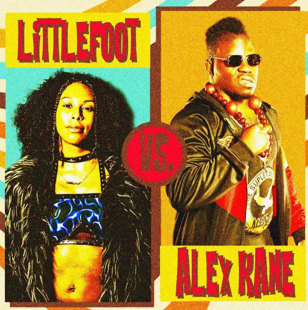 A promotional image featuring two wrestlers, Littlefoot on the left with curly hair and a black outfit, and Alex Kane on the right wearing sunglasses and a leather jacket. The background includes colorful geometric patterns, and the text 'VS.' is prominently displayed in the center.